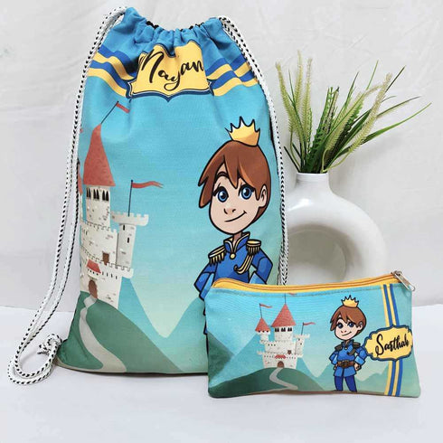 Personalised Prince Drawstring Bag & Pencil Pouch Kids Combo
